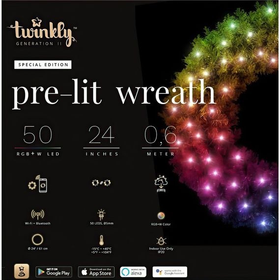 Світлодіодна Smart LED гірлянда на ялиновому віночку Twinkly Pre-lit Wreath RGBW 50, 60 см, BT+WiFi, Gen II, IP44
