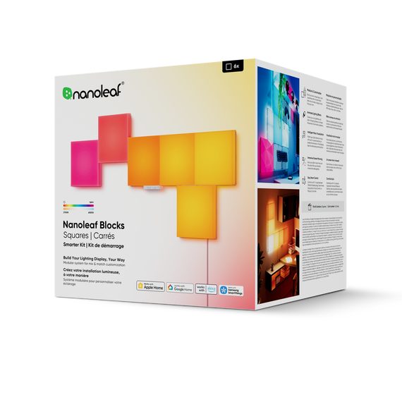 Розумні світлові панелі Nanoleaf Blocks Squares Smarter Kit з підтримкою HomeKit і Matter - 6 шт., Живлення: 220В, Кількість панелей: 6, Різновид панелей: Квадратні панелі (Squares), Тип комплекту: Основний