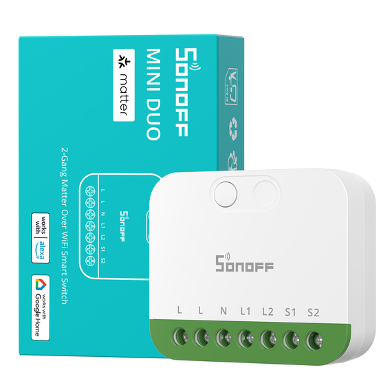 Двоканальне Wi-Fi смарт реле Sonoff Mini DUO 2-Gang, Matter, Apple Homekit, 220В, 2x10А