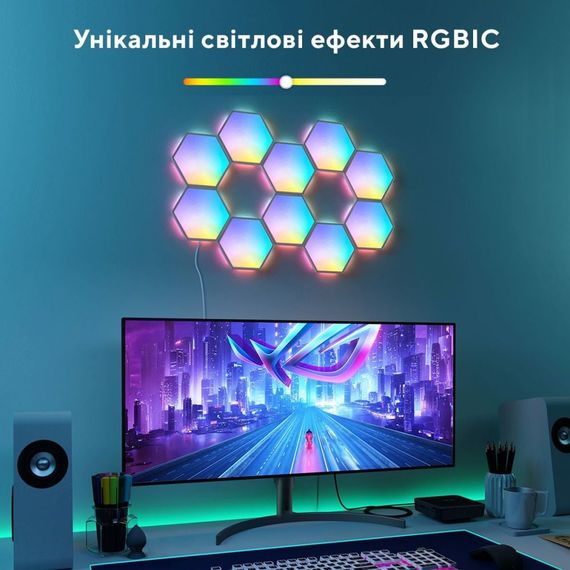 Набір настінних світильників Govee H6061 Glide Hexa Light Panels, 10шт, RGBIC, WI-FI/Bluetooth, білий, зображення 7